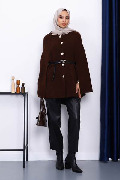 İmajButik Brown Belted Striped Knit Poncho