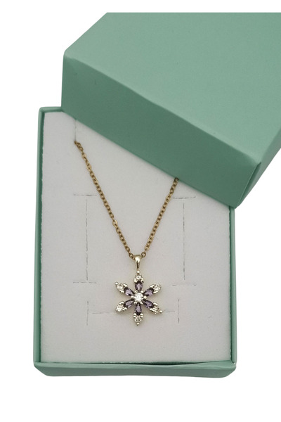Bijuty Lotus Flower Necklace with Amethyst Stone and Steel Chain - Gold Color