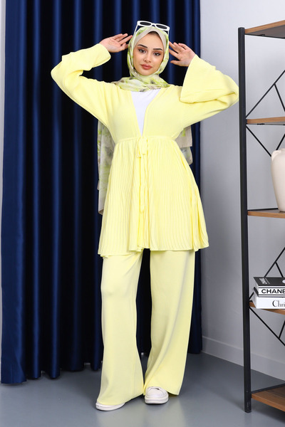 İmajButik Yellow Waist Belted Cardigan Trouser Suit