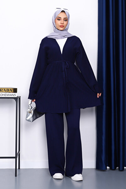 İmajButik Navy Blue Belted Cardigan Trouser Suit