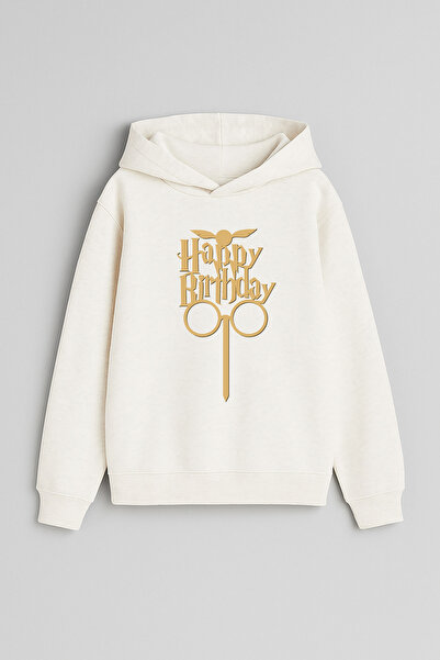 MODA Birthday Happy Birthday Printed Ecru Girls Boys Children's Hooded Sweats...