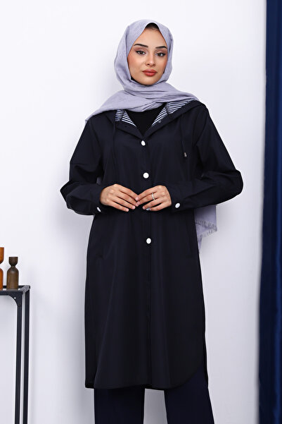 İmajButik Синій тренч з капюшоном і ґудзиками