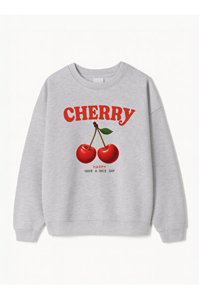 Disante سترة رياضية للجنسين بمقاس كبير مطبوع عليها الكرز - ياقة دائرية، صوف ث...