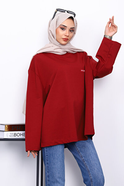 İmajButik Burgundy Crew Neck Two Thread Oversize Sweatshirt