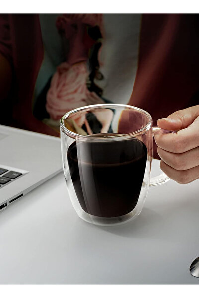 ELEGANT HOME 4-Piece Double Wall Glass Cup Set Clear With Handle 350ml