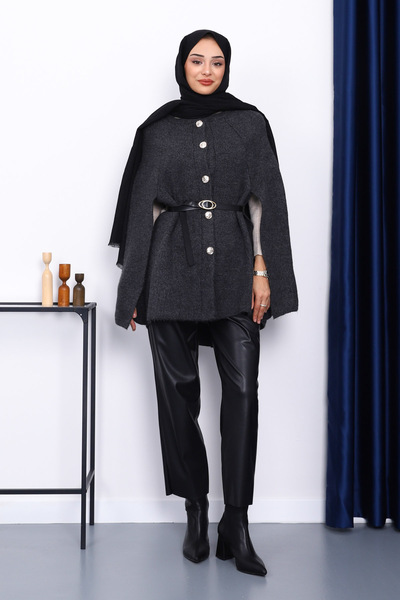 İmajButik Anthracite Belted Knitted Poncho