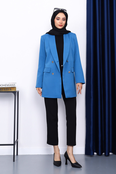 İmajButik Indigo Buttoned Double-Breasted Collar Crepe Jacket