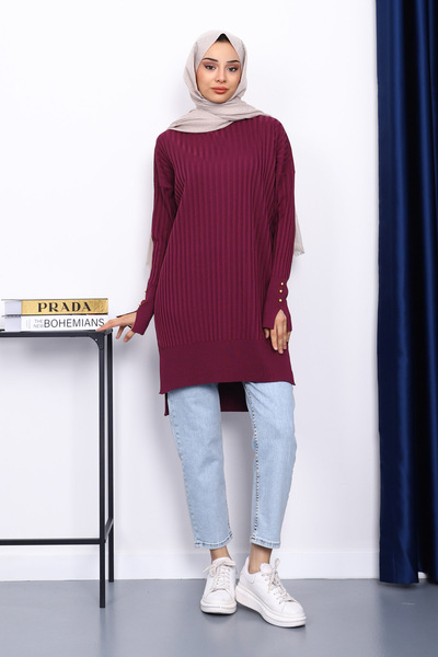 İmajButik Plum-Colored Knit Tunic with a Short Front and Long Back.