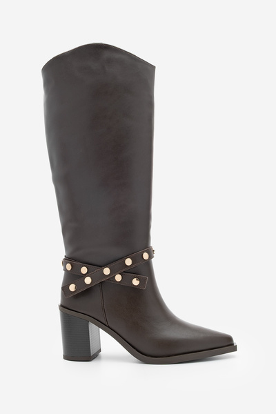 Marjin Women's Pointed Toe Zipperless Trock Studded Heeled Boots Fuslep Brown