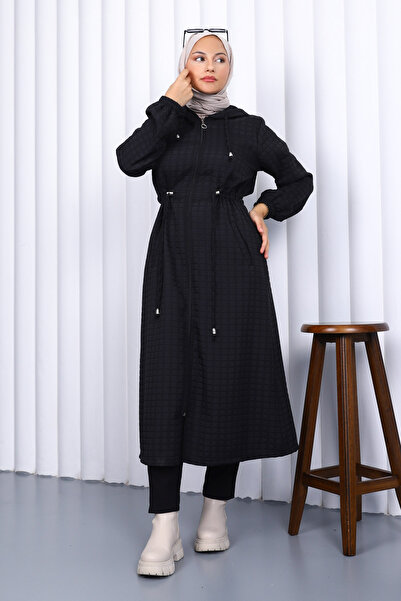 İmajButik Black Hooded Plus Size Quilted Long Coat