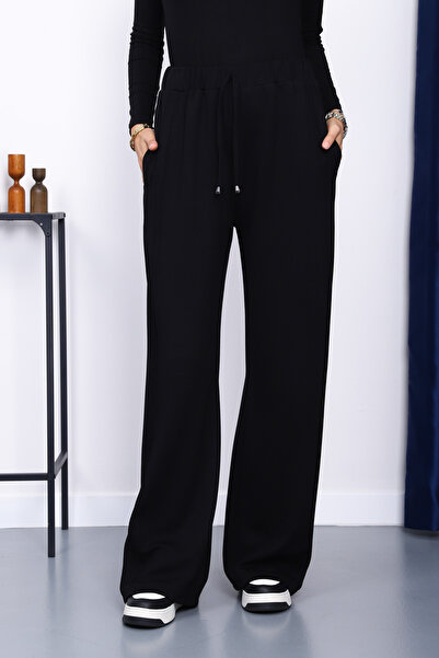 İmajButik Black Wide-Leg Modal Pants with Grass on the Sides