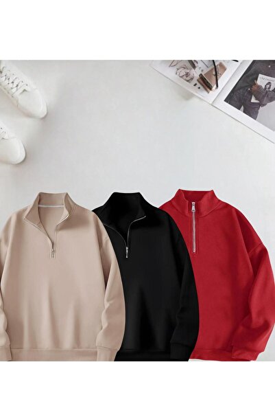 trendgar Bej Kırmızı Ve Siyah 3Lu Dik Yakalı Yarım Fermuarlı Sweatshirt