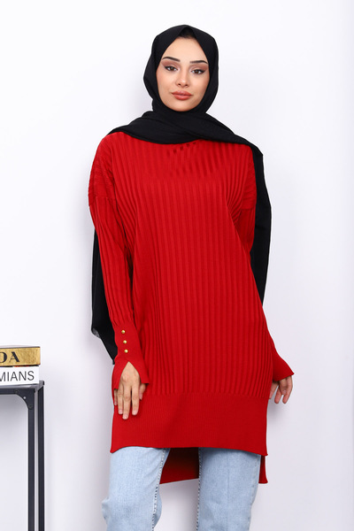 İmajButik Red Knit Tunic with Short Front and Long Back