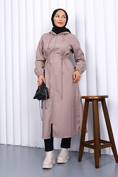 İmajButik Mink Hooded Plus Size Quilted Long Coat