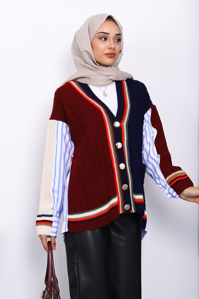 İmajButik Navy Blue Shirt Garnished Knitwear Cardigan with Pockets