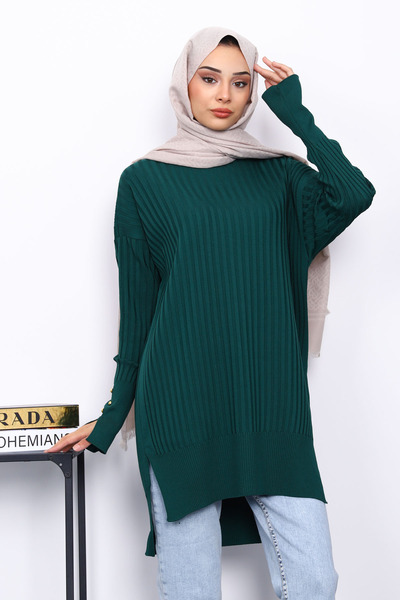 İmajButik Emerald Green Short Front Long Back Knit Tunic