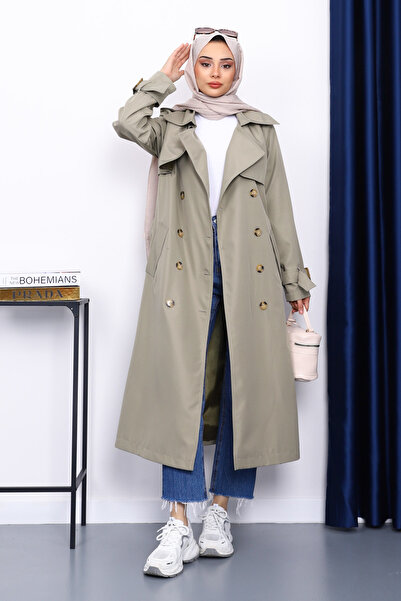 İmajButik Khaki Kravuze Collared Belted Trench Coat