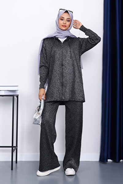 İmajButik Silver Hooded Glitter Knitwear Set