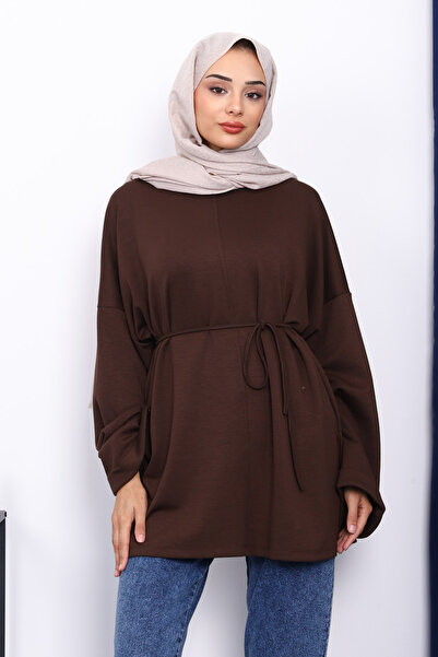 İmajButik Brown Tunic with Slits on the Sides and Drawstring Waist