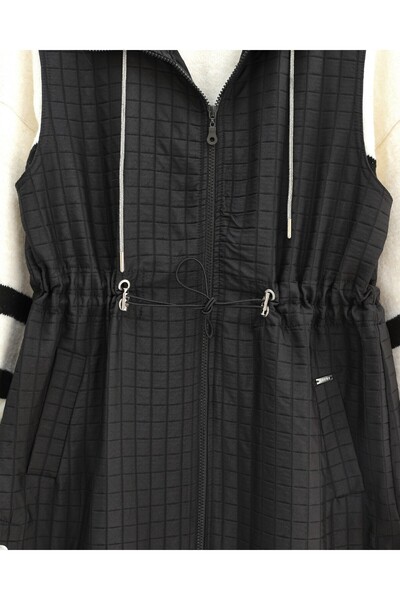 Modamorfo Quilted Vest with Lace-Up Collar, Elastic Waist and Pockets - Black