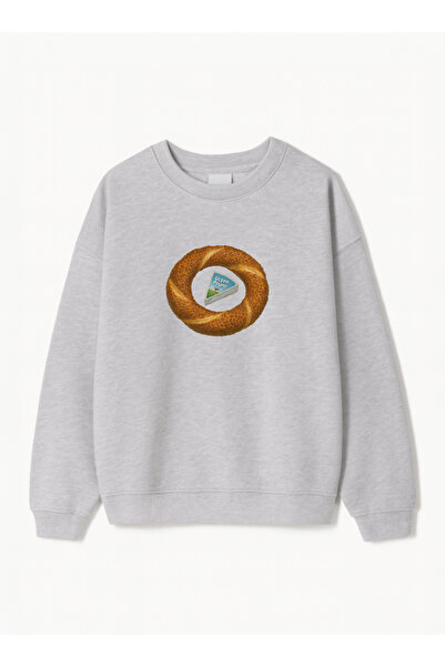 Disante Hanorac unisex oversize cu imprimeu Simit – Gât cu guler, fleece cu 3 fire