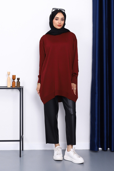 İmajButik Burgundy Crew Neck Mercerized Cold Yarn Tunic