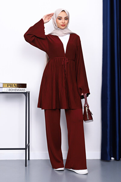 İmajButik Burgundy Belted Cardigan Trouser Suit