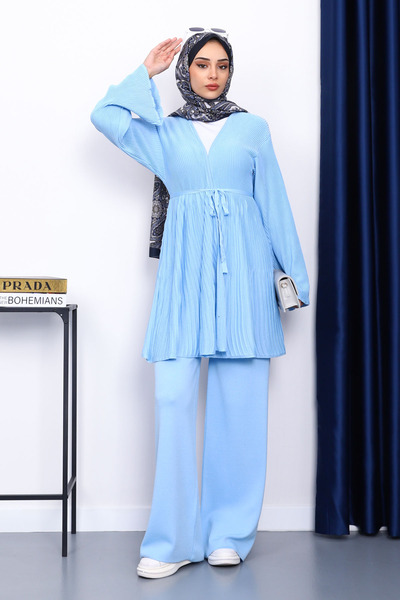 İmajButik Baby Blue Belted Cardigan Pants Set