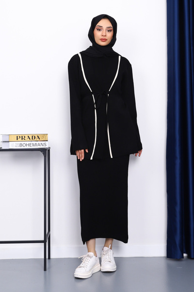 İmajButik Black Knitwear Cardigan Dress Double Combination