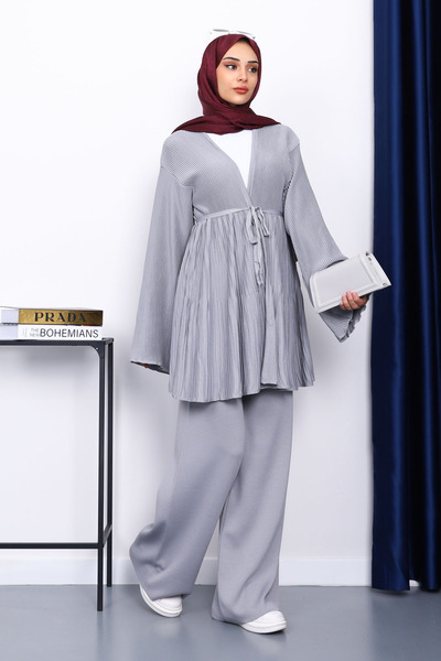İmajButik Gray Belted Cardigan Trouser Suit