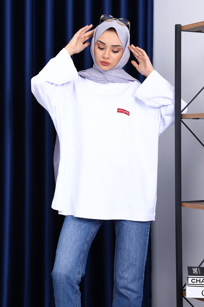 İmajButik White Crew Neck Two Thread Oversize Sweatshirt