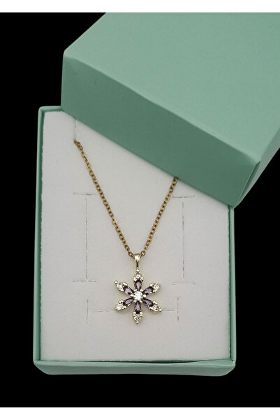Bijuty Lotus Flower Necklace with Amethyst Stone and Steel Chain - Gold Color