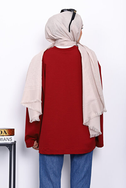 İmajButik Burgundy Crew Neck Two Thread Oversize Sweatshirt