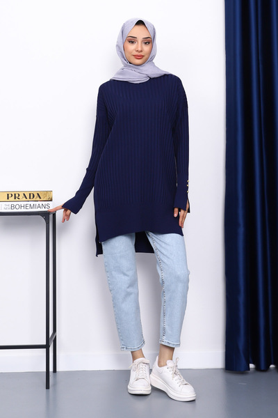 İmajButik Navy Blue Short Front Long Back Knit Tunic