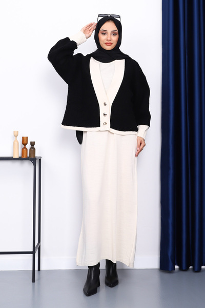 İmajButik Black Buttoned Knitwear Cardigan Dress Double Combination