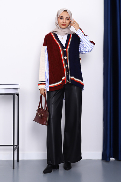İmajButik Navy Blue Shirt Garnished Knitwear Cardigan with Pockets
