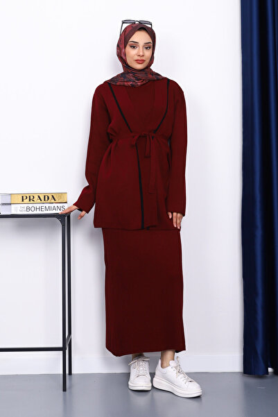 İmajButik مجموعة ملابس مكونة من كارديجان تريكو باللون العنابي وفستان مزدوج