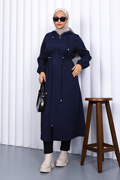 İmajButik Navy Blue Hooded Plus Size Quilted Long Coat