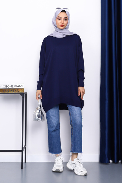 İmajButik Navy Blue Crew Neck Mercerized Cold Yarn Tunic