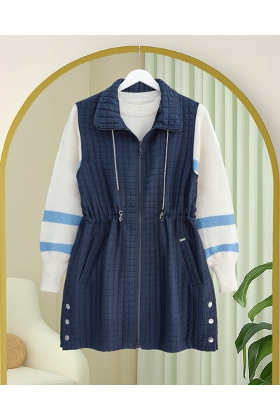 Modamorfo Lace-Up Collar, Elastic Waist, Pocketed Quilted Vest - Navy