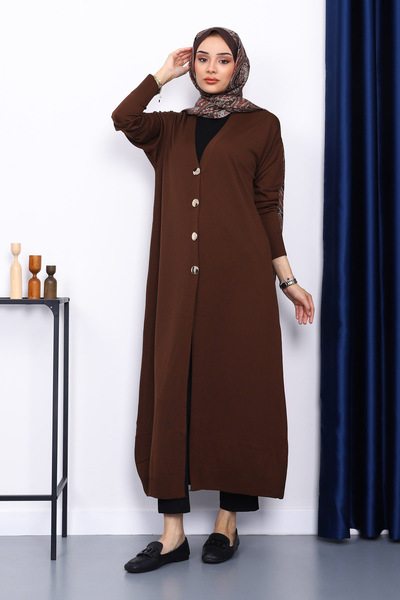 İmajButik Brown V-Neck Mercerized Cardigan