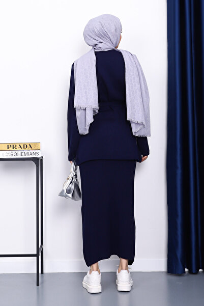 İmajButik Συνδυασμός Πλεκτό Μπλε Μπλε Ζακέτα και Διπλό Φόρεμα