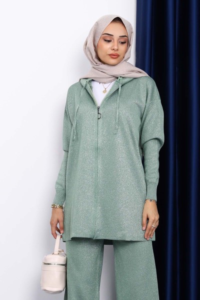 İmajButik Σετ πλεκτό με πράσινη κουκούλα και γκλίτερ