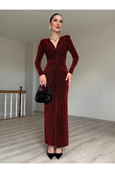 YK FASHION Simli V Yaka Bağlama Detaylı Elbise