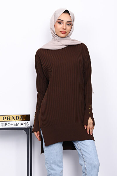 İmajButik Brown Knit Tunic with Short Front and Long Back