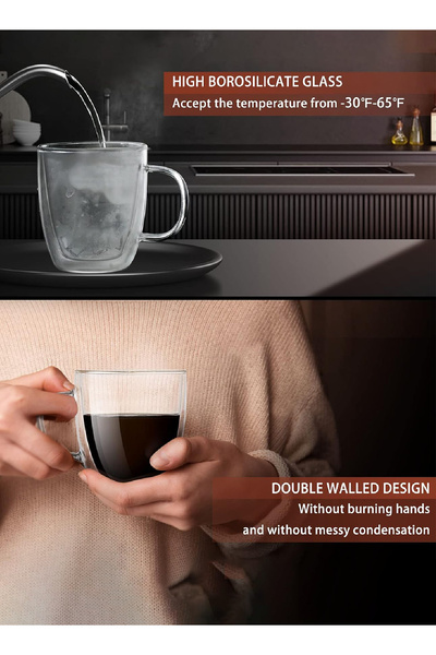 ELEGANT HOME 6-Piece Double Wall Glass Cup Set Clear With Handle 350ml