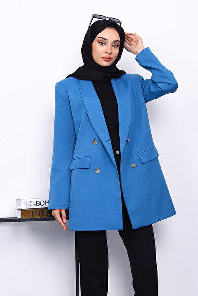 İmajButik Μπουφάν κρεπ με διπλό γιακά με κουμπιά Indigo