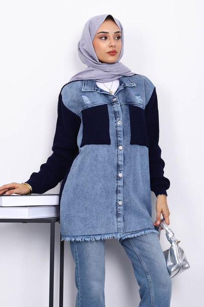 İmajButik Navy Blue Denim Garnished Knitwear Cardigan