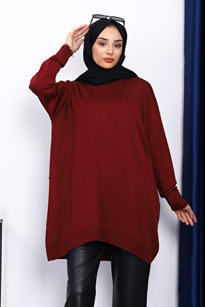 İmajButik Burgundy Crew Neck Mercerized Cold Yarn Tunic