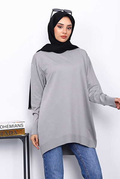 İmajButik Γκρι τουνίκ με λαιμόκοψη με μερσεριζέ